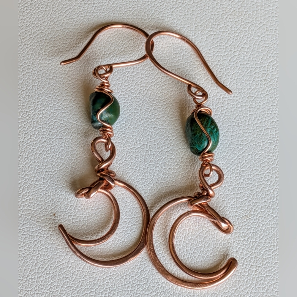 Dreamy Copper Moon Earrings Mediterranean Blue-Green Gemstones - Picture 9 of 12